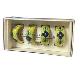 Pier 1 Imports Napkin Rings Flowers India Ceramic Set x4 Housewarming Yellow NEW